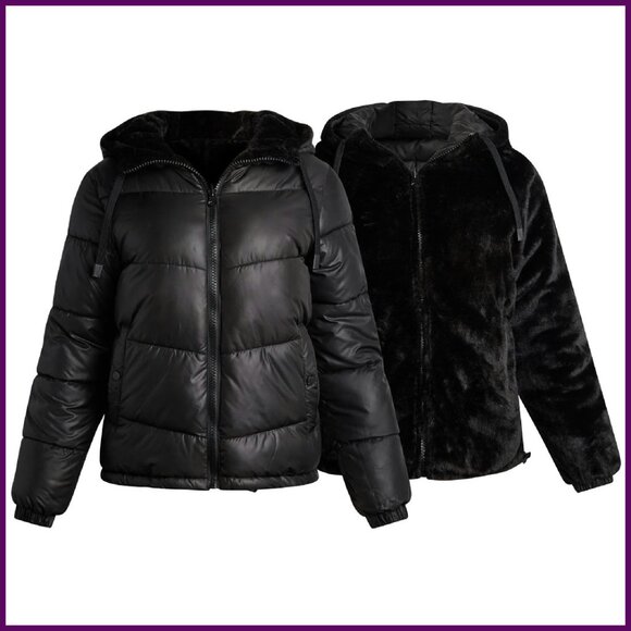 Reversible Quilted Puffer Parka with Faux Fur Hood - Heavyweight Winter Coat